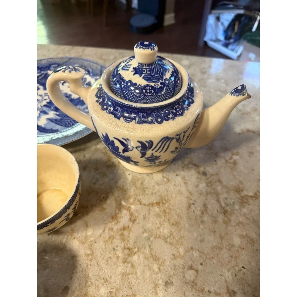 Vintage Blue Willow Tea Set Occupied Japan Blue White Transferware 18pc As-Is
